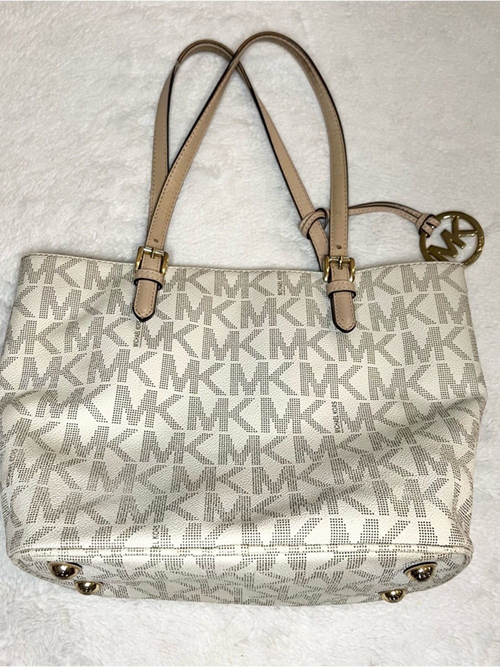 Michael Kors White & Beige Signature Coated Canvas & Leather Jet Set Pocket Tote - Picture 10 of 13